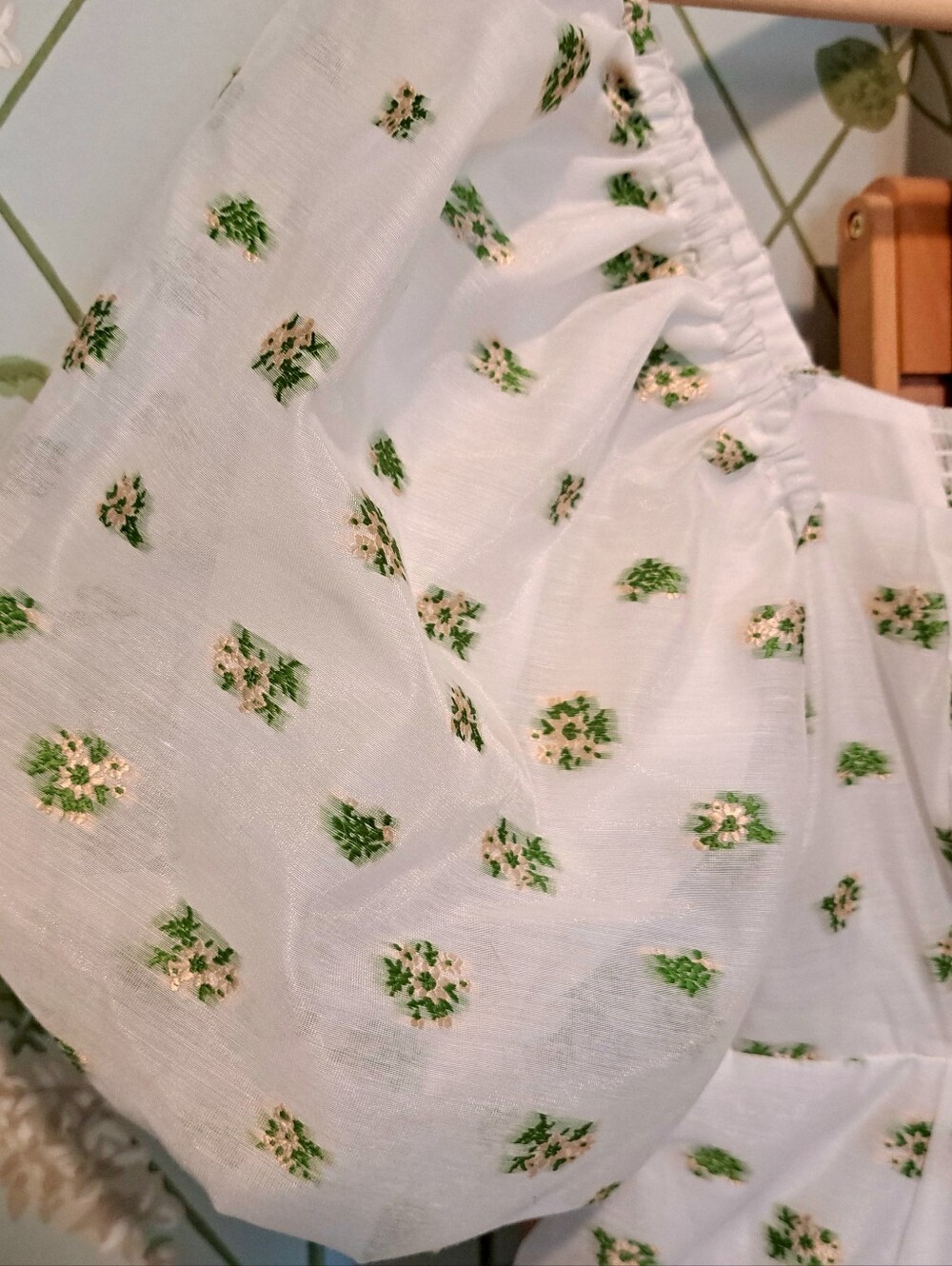 Floral Puff-Sleeve Hill House "Matilda" Midi Dress in White and Green - Picture 3 of 11
